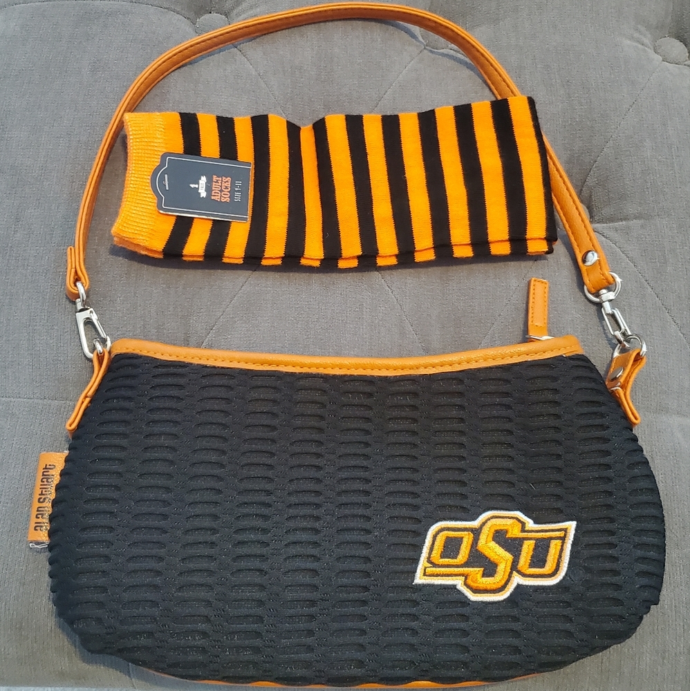 GUC OSU Cowboys purse, pre-owned, zip/pocket, clean, w/socks & teddy bear